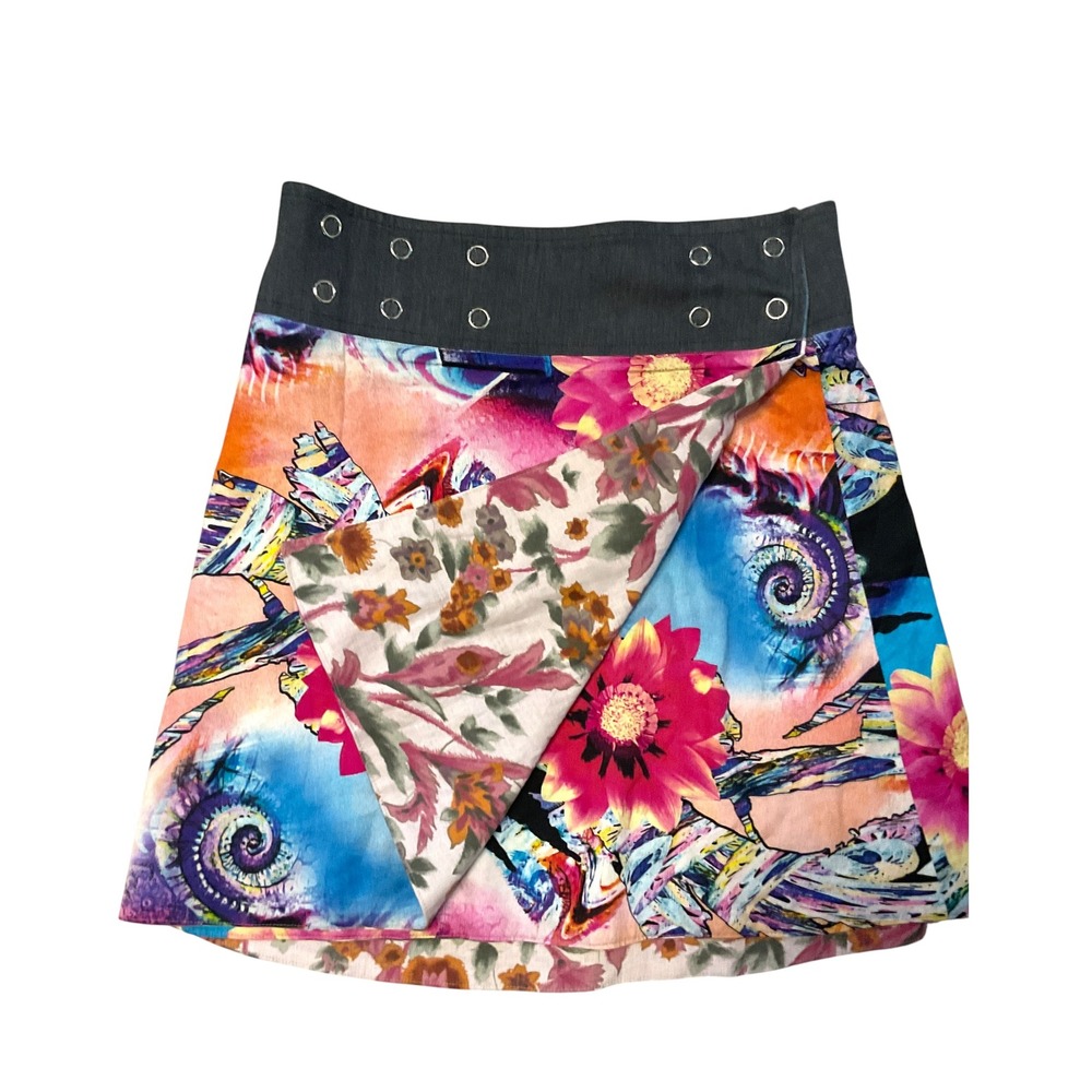 Sandra Maria Reversible Wrap Skirt Floral Artist Print Denim Waist Mini SZ L/XL - Picture 3 of 7